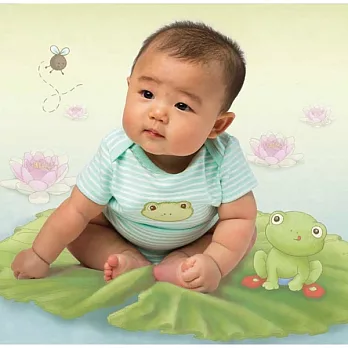 美國Bunnies By The Bay海灣兔,綠蛙橫條紋短袖包臀衣(9~12M),“Ribbit Ribbit” Bunsie-Aqua Stripe