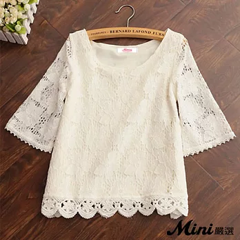 蕾絲上衣 花朵蕾絲寬鬆短版喇叭袖罩衫 三色-Mini嚴選-FREE(牙白)