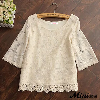 蕾絲上衣 花朵蕾絲寬鬆短版喇叭袖罩衫 三色-Mini嚴選-FREE(杏色)
