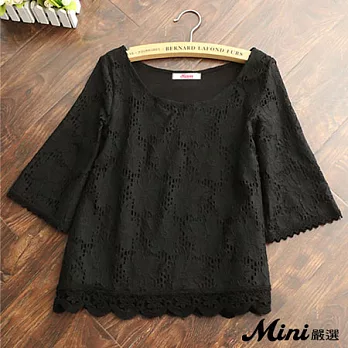蕾絲上衣 花朵蕾絲寬鬆短版喇叭袖罩衫 三色-Mini嚴選-FREE(黑色)