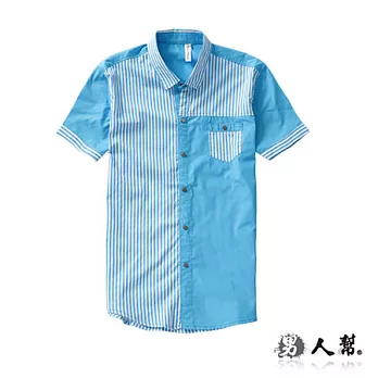 【男人幫 】S0206*【撞色條紋拼接設計短袖襯衫】水藍色 M號