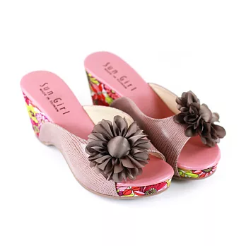 ◤Green Phoenix◥綠意盎然花朵厚底休閒拖鞋 24卡其色