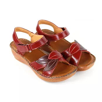 ◤Green Phoenix◥拼色葉子繞帶楔型厚底涼鞋38紅色