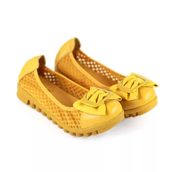 ◤Green Phoenix◥方釦朵結真皮舒壓彎折休閒鞋35黃色