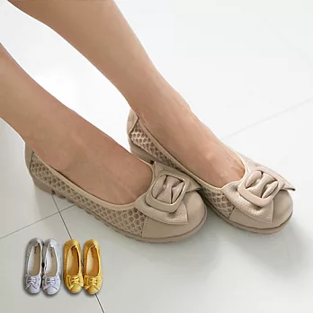 ◤Green Phoenix◥方釦朵結真皮舒壓彎折休閒鞋36米色