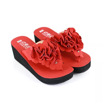 ◤Green Phoenix◥立體大花瓣厚底楔型夾腳拖鞋22.5紅色