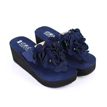 ◤Green Phoenix◥立體大花瓣厚底楔型夾腳拖鞋22.5藍色