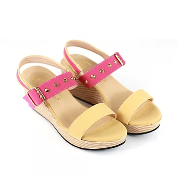 ◤Green Phoenix◥MIT鉚釘拼色厚底楔型涼鞋23.5黃色