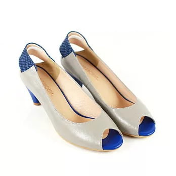 ◤Green Phoenix◥拼色真皮粗跟魚口涼鞋5.5灰色