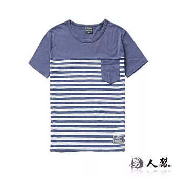 【男人幫】T0945＊MIT 台灣製造【色塊拼接條紋棉質短袖T恤】藍色 S號