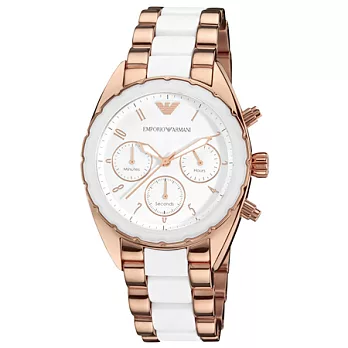【EMPORIO ARMANI】義大利精品-玫瑰金配白色圓形三眼精緻女仕手錶 AR5942