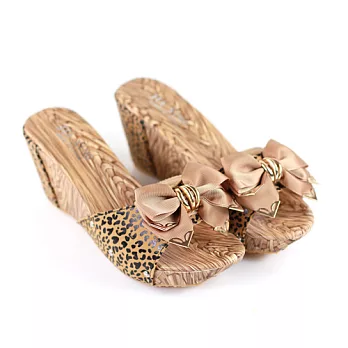 ◤Green Phoenix◥朵結豹紋仿木紋楔型厚底拖鞋38黃色