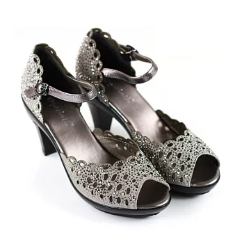 ◤Green Phoenix◥華麗優雅水鑽羊絨花邊魚口高跟涼鞋34灰色