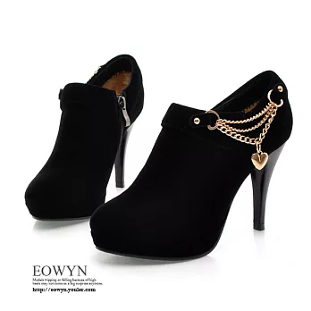 EOWYN．時尚高貴氣息愛心鎖鍊造型高跟踝靴/黑色35/黑色39/EX1282-078(現貨)35黑色35