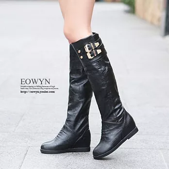 EOWYN．韓系時尚雙扣環造型內增高長筒靴/黑色39/EX2034-652(現貨)39黑色39