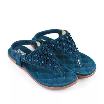 ◤Green Phoenix◥渡假系夏日小花串夾腳涼鞋36藍色