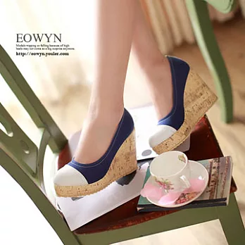 EOWYN。時尚優雅精緻整齊車線裝飾坡跟鞋/藍色38/EX2974-6401(現貨)38藍色38