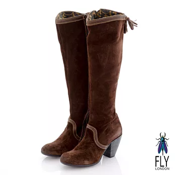 Fly London(女)★MAYA 反牛皮及膝高筒粗跟長靴 - 36流蘇咖