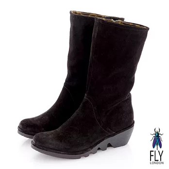 Fly London(女)★JESSIE 反毛牛皮簡潔歐式中筒靴 - 37毛黑