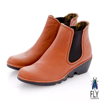 Fly London(女)★小坡跟牛皮短靴 鬆緊造型直套牛皮短筒靴 - 36桔咖