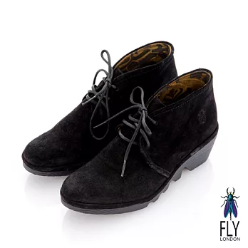 Fly London(女)★牛津短靴 綁帶式小坡跟反牛皮短筒靴 -36森黑