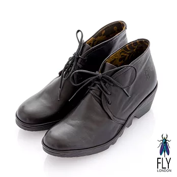 Fly London(女)★牛津短靴 綁帶式小坡跟牛皮短筒靴 -37霧黑
