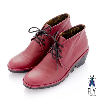 Fly London(女)★牛津短靴 綁帶式小坡跟牛皮短筒靴 -36酒紅