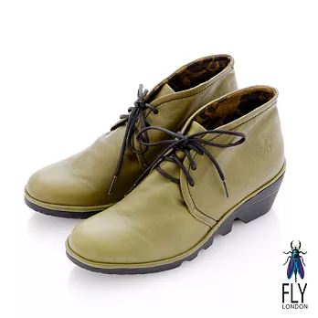 Fly London(女)★牛津短靴 綁帶式小坡跟牛皮短筒靴 -36沼綠