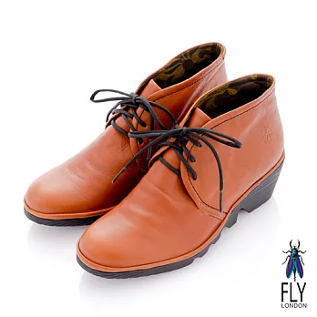 Fly London(女)★牛津短靴 綁帶式小坡跟牛皮短筒靴 -36桔咖