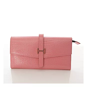 PrincessParty 鱷魚皮紋長鍊韓版手拿包-粉色