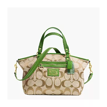 COACH織布皮飾邊肩背/斜背波士頓/貝殼包_卡其/草綠