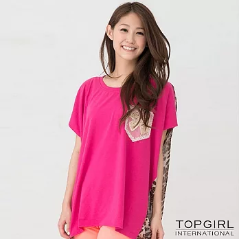 【TOP GIRL】豹紋拼接造型圓領T-女S麻桃紅