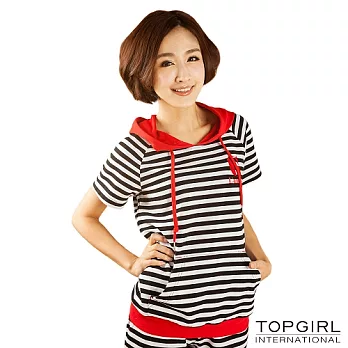 【TOP GIRL】連帽橫條短袖上衣-女S黑白條
