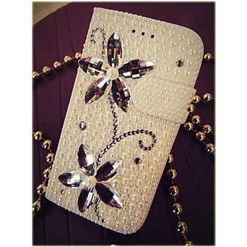 [BONE。BONE ]三星Samsung S4手機保護皮套。天使白珍珠水晶花-白色#026