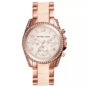 Michael Kors 趨勢潮流三眼都會玻麗腕錶-粉X玫瑰金