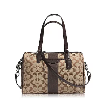 COACH 直條 織布皮飾邊兩用波士頓包_卡其/咖啡