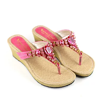 ◤Green Phoenix◥華麗寶石水鑽夾腳楔型涼拖鞋24粉紅色