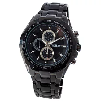【CURREN】時尚潮流款-8023豪邁霸氣仿三眼計時造型腕錶(黑色)