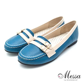 【Messa米莎】(MIT)簡約雙飾帶拼接內真皮平底包鞋-三色35藍色