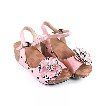 ◤Green Phoenix◥豹紋雙拼花朵真皮厚底休閒涼鞋34粉紅色