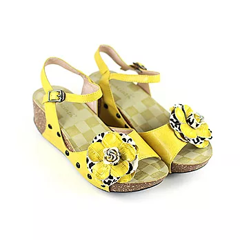 ◤Green Phoenix◥豹紋雙拼花朵真皮厚底休閒涼鞋37黃色