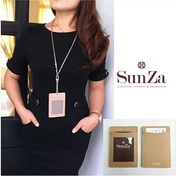 【SunZa】 吊鍊式真皮名片套/證件套經典駝