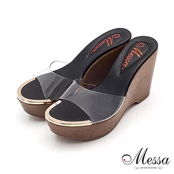 【Messa米莎】(MIT)前衛金屬鑲邊透視涼拖楔型鞋-二色36黑色