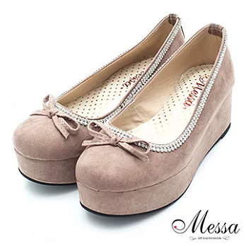 【Messa米莎】(MIT)可愛蝴蝶結水鑽飾邊厚底鞋-二色35卡其色