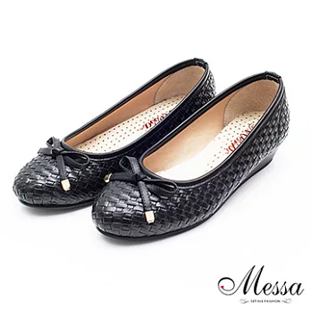 【Messa米莎】(MIT)典雅編織紋內真皮楔型低跟包鞋-二色35黑色