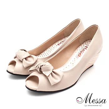 【Messa米莎】(MIT)氣質蝴蝶結內真皮楔型魚口鞋-二色40米色