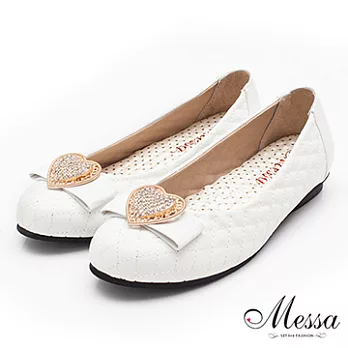 【Messa米莎】(MIT)愛心鑲鑽菱格紋內真皮平底娃娃鞋-三色36白色