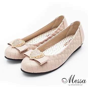 【Messa米莎】(MIT)愛心鑲鑽菱格紋內真皮平底娃娃鞋-三色36粉紅色