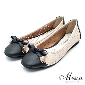 【Messa米莎】(MIT)雙色拼接鏤空內真皮平底包鞋-三色35黑色
