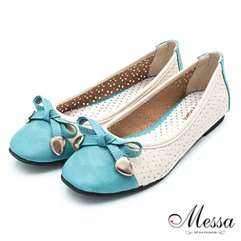 【Messa米莎】(MIT)雙色拼接鏤空內真皮平底包鞋-三色35藍色